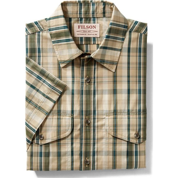 Filson Short Sleeve Feather Cloth Shirt | Khaki Olive Blue Plaid For Discount - Image 2