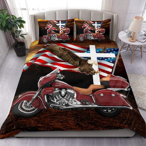 Motorcycle Flag With Cross And Eagle Personalized Bedding Set, Personalized Gift for Motorcycle Lovers, Motorcycle Riders - BD034PS07 For Discount - Image 2